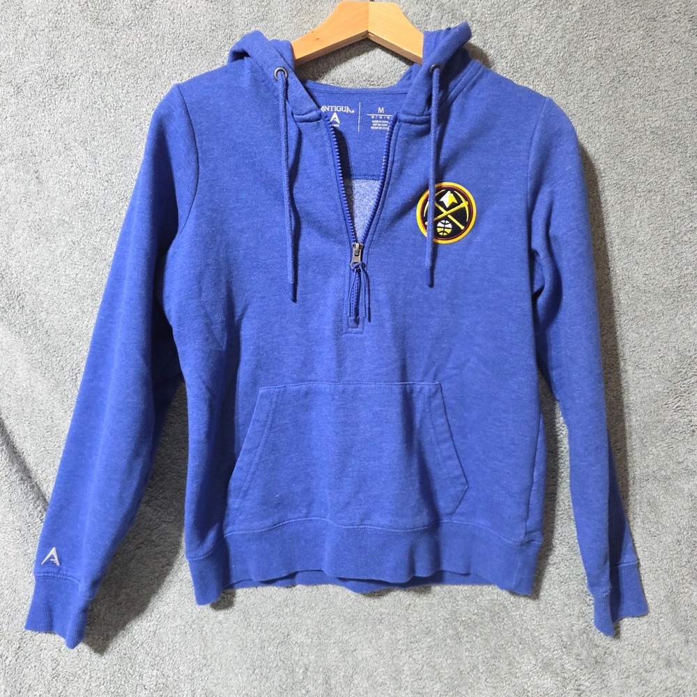 Antigua Denver Nuggets NBA Womens Quarter Zip Hoodie Blue Fleece Sweatshirt M